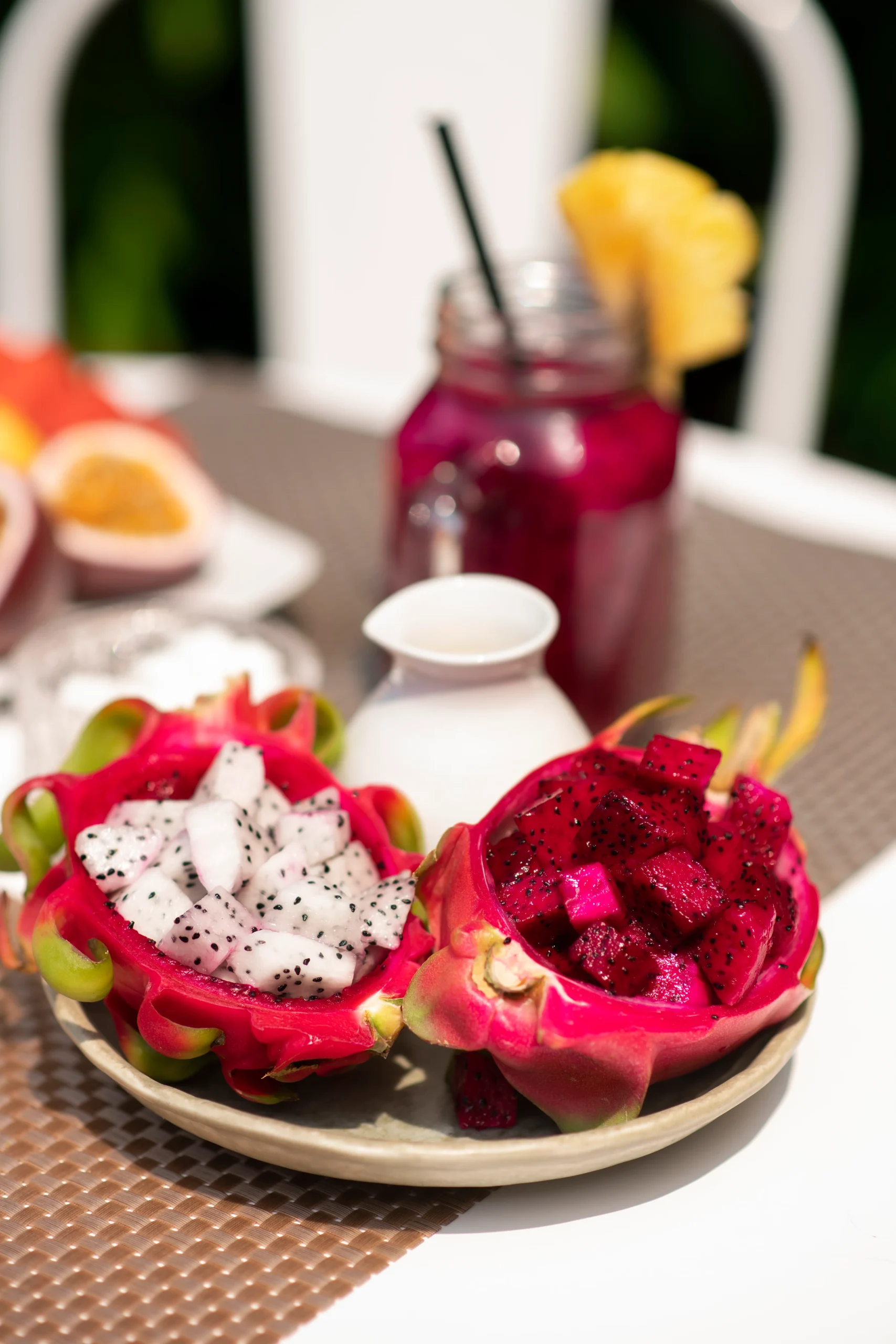 A bowl of neatly diced dragon fruit, ready to be served as a refreshing tropical treat.