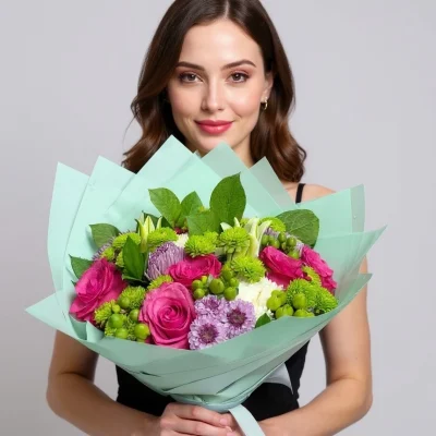 Romantic anniversary bouquet with roses, chrysanthemums, and mums