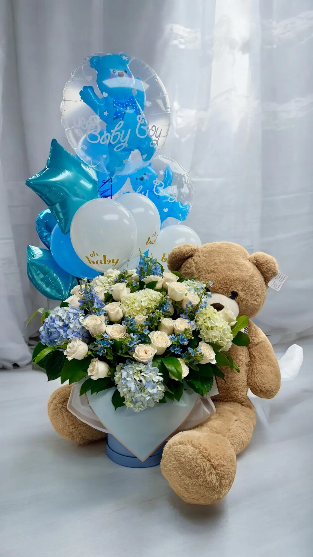 Baby Boy Gift Arrangement with Flowers, Balloons & Teddy Bear - WOWBouquet