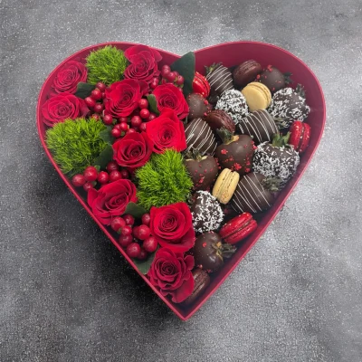 Red roses and sweets in heart gift box – WOWBouquet Long Island CT delivery