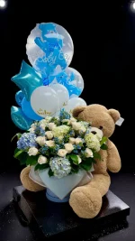 Teddy bear and floral gift box for baby boy – WOWBouquet