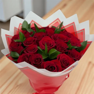 Romantic bouquet of 24 red roses in red wrap