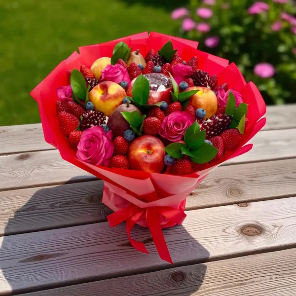Anniversary fruit bouquet with roses & peaches – WOWBouquet
