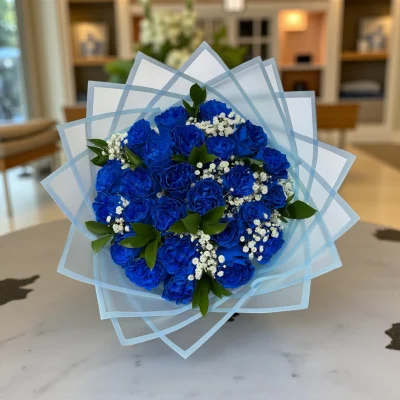 Handcrafted blue roses bouquet arranged in blue wrapping NJ
