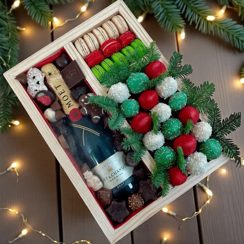 Festive WOWBouquet champagne gift box with red green and white strawberries