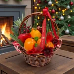 Festive fruit basket filled with winter fruits and red ribbon accents