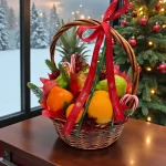 Holiday fruit basket with oranges persimmons pears and candy canes