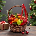 Holiday fruit basket displayed with Christmas trees and ornaments