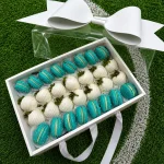 Argentina soccer fan gift box with premium chocolate covered strawberries and red and white macarons