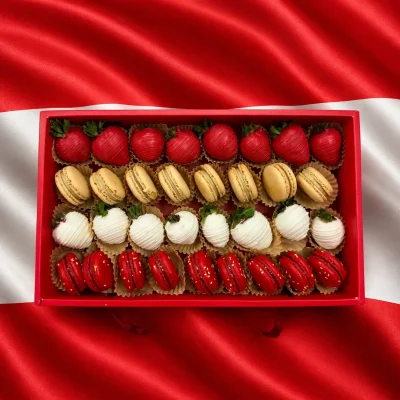 Austria soccer fan gift box with premium chocolate covered strawberries and red and white macarons