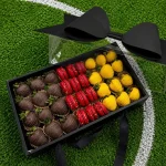 Belgian flag inspired dessert gift box with gourmet chocolate strawberries and French macarons