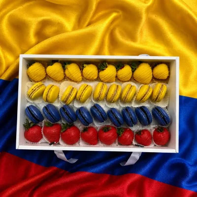 Colombia soccer fan gift box with premium chocolate covered strawberries and red and white macarons