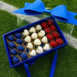 France soccer fan gift box with premium chocolate covered strawberries and red and white macarons