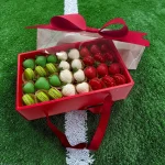 Italy soccer fan gift box with premium chocolate covered strawberries and red and white macarons