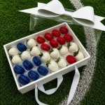 Panama soccer fan gift box with premium chocolate covered strawberries and red and white macarons