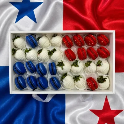 World Cup Panama sweets box featuring chocolate dipped strawberries and macarons arranged in team colors