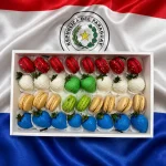 Paraguay soccer fan gift box with premium chocolate covered strawberries and red and white macarons