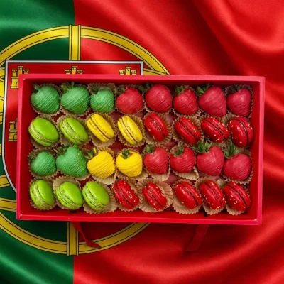 Portugal soccer fan gift box with premium chocolate covered strawberries and red and white macarons