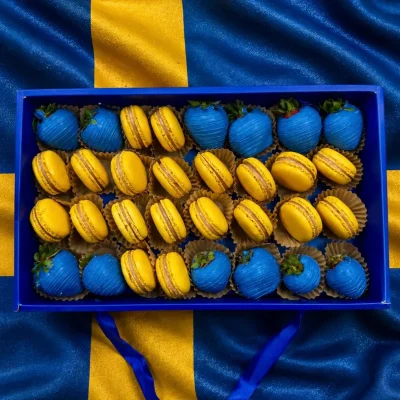 Sweden soccer fan gift box with premium chocolate covered strawberries and red and white macarons
