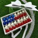 USA soccer fan gift box with premium chocolate covered strawberries and red and white macarons