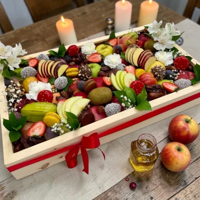 Rosh Hashanah fruit gift box with apples and honey