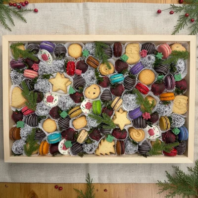 XL Christmas sweets gift tray with chocolate-covered strawberries, macarons and holiday cookies in a wooden box