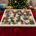 Luxury Christmas dessert gift tray filled with chocolate strawberries, macarons and cookies displayed beside a Christmas tree