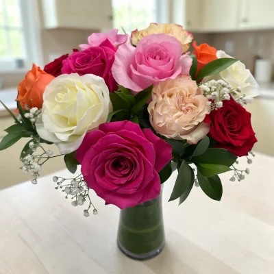 Assorted roses in a clear glass vase featuring colorful fresh blooms, available for local flower delivery in Bergen County, NJ.